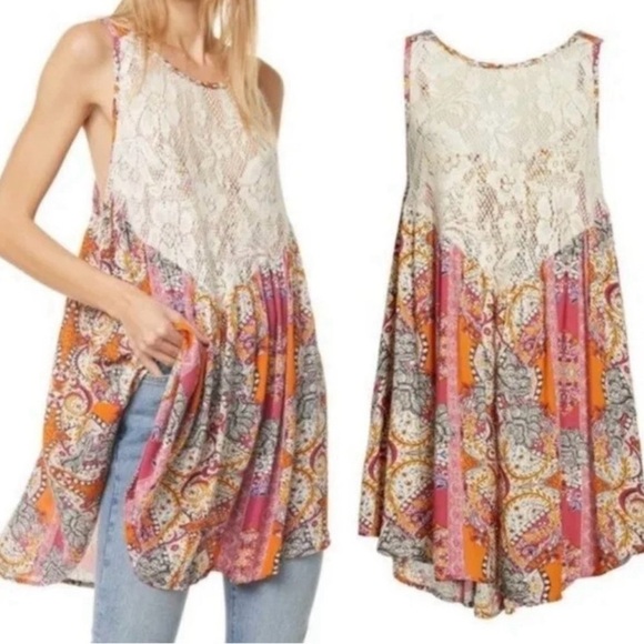 Free People Count Me In Trapeze Tunic Floral Paisley Mini Dress Size Small - Picture 1 of 9